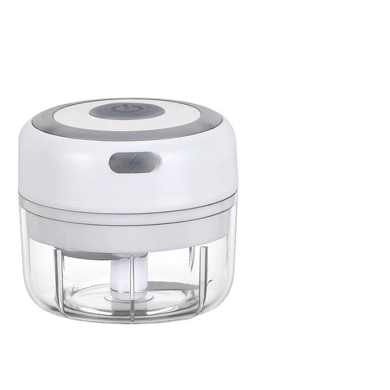 Small white and gray kitchen chopper on a white background