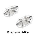 Two white oval replacement razor blade heads for home gadget, labeled '2 spare bits'.