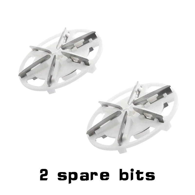 Two white oval replacement razor blade heads for home gadget, labeled '2 spare bits'.