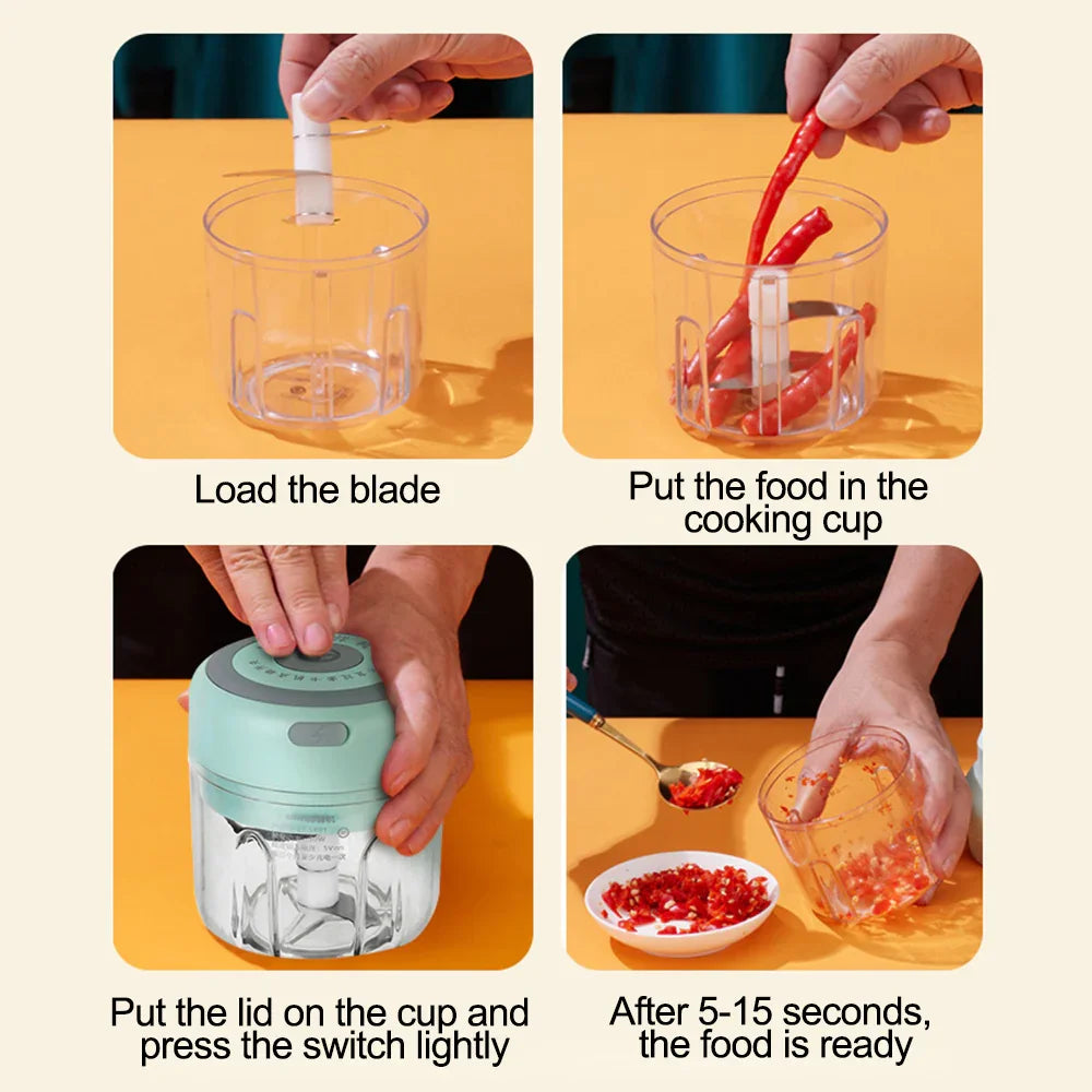 Step-by-step instructions on using a handheld food chopper with images of hands loading the blade, adding food, and using the device.