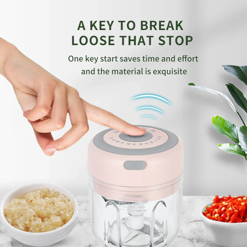 Hand using a small food chopper with text about its efficiency and design.