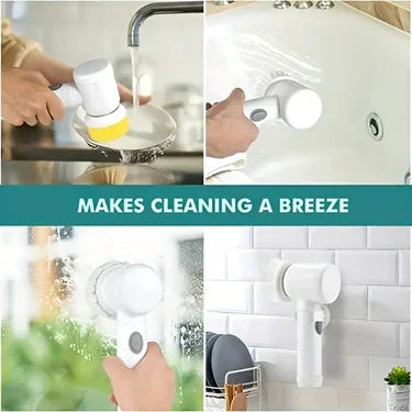 Electric cleaning brush used on dishes, bathtub, glass, and tiles for efficient home cleaning.