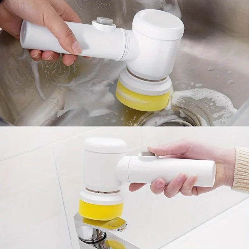 Electric cleaning brush with yellow sponge head scrubbing sink and bathroom faucet