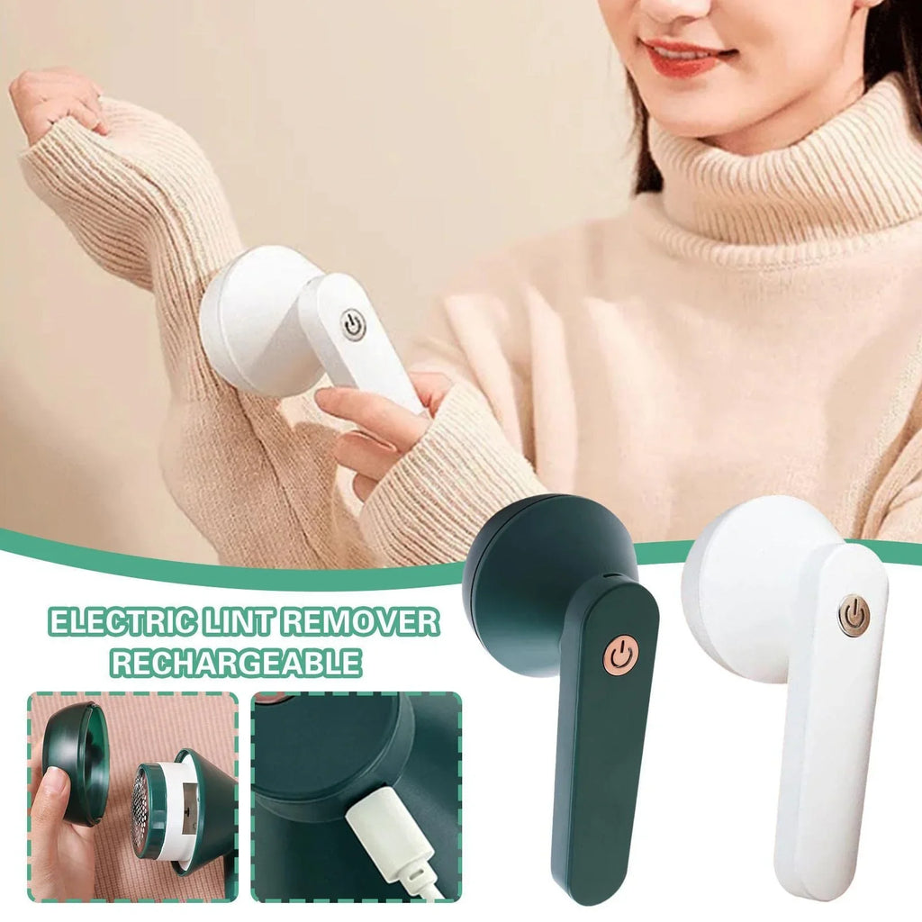 Rechargeable electric lint remover being used on a beige sweater, home gadget for fabric care