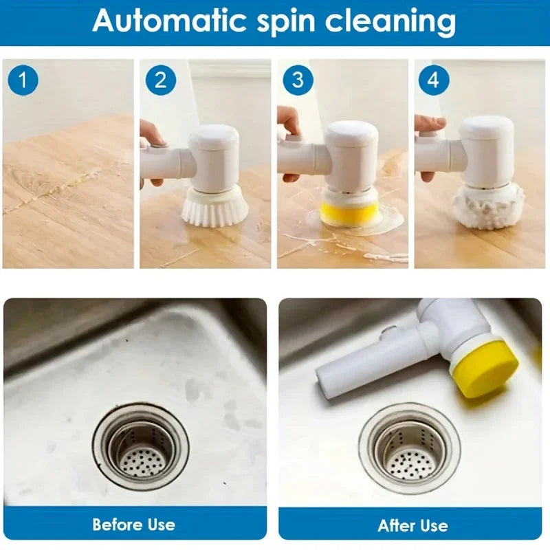 Automatic spin cleaning brush with different attachments shown cleaning surfaces and a stainless sink.