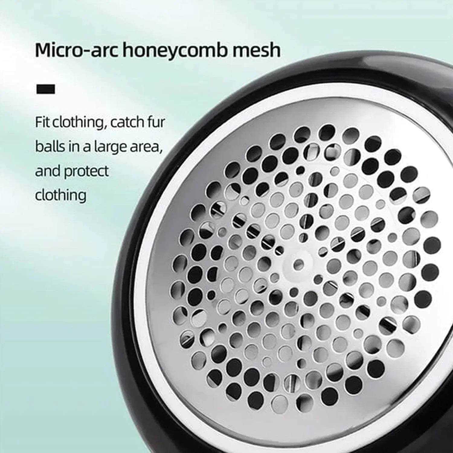 Close-up of a fabric shaver head with micro-arc honeycomb mesh for clothing care