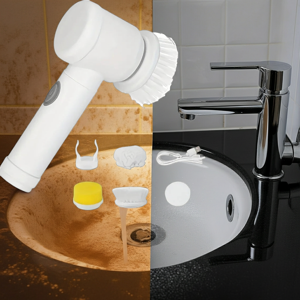 White handheld showerhead on a brown sink with soap and垢, and another on a clean sink.