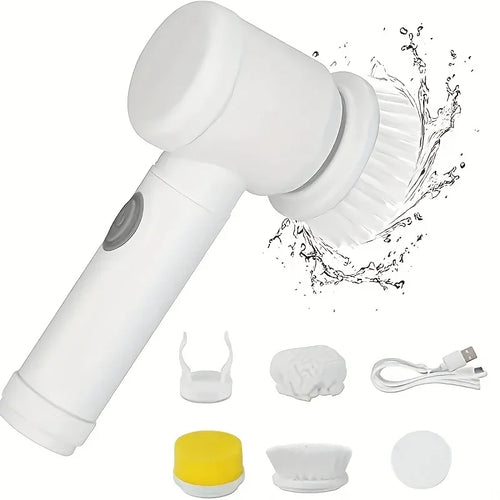 Electric cleaning brush set with interchangeable brush heads, splash-proof design, USB charging cable, and cleaning accessories for home use.