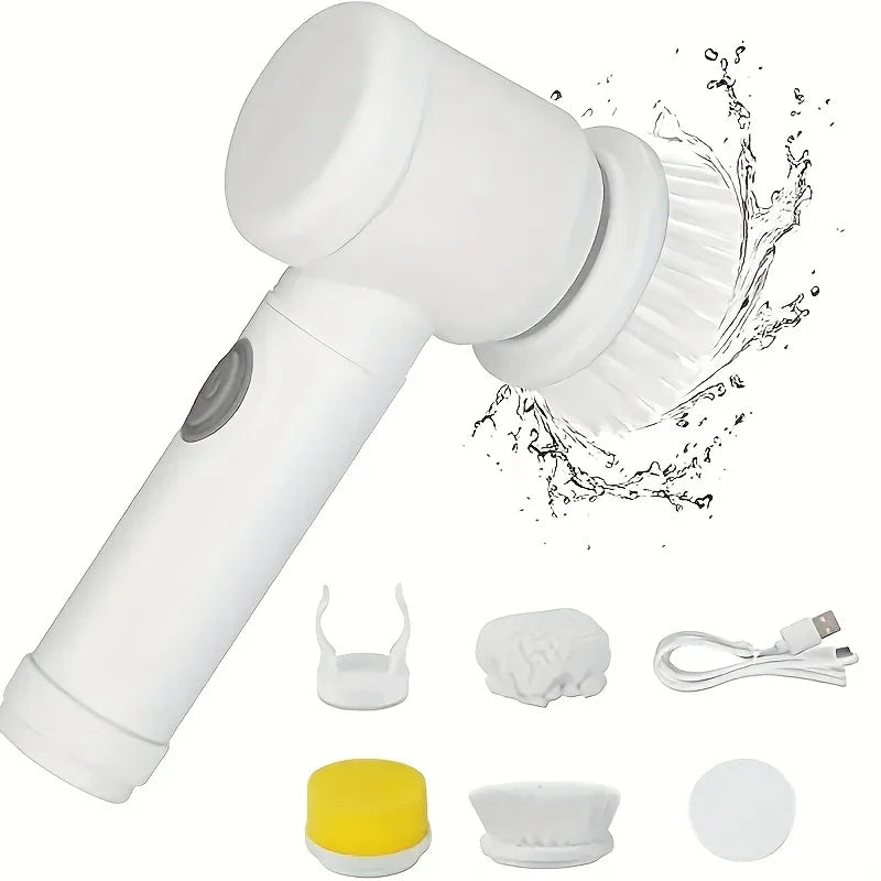 Electric cleaning brush with multiple brush heads, USB charging cable, and splash effect