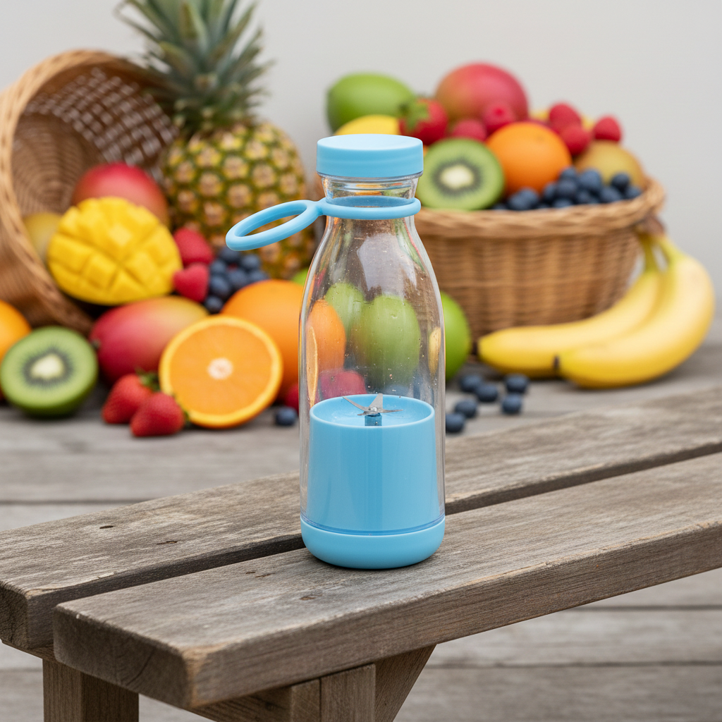 Glass bottle with blue accents on a wooden table with fruits in the background