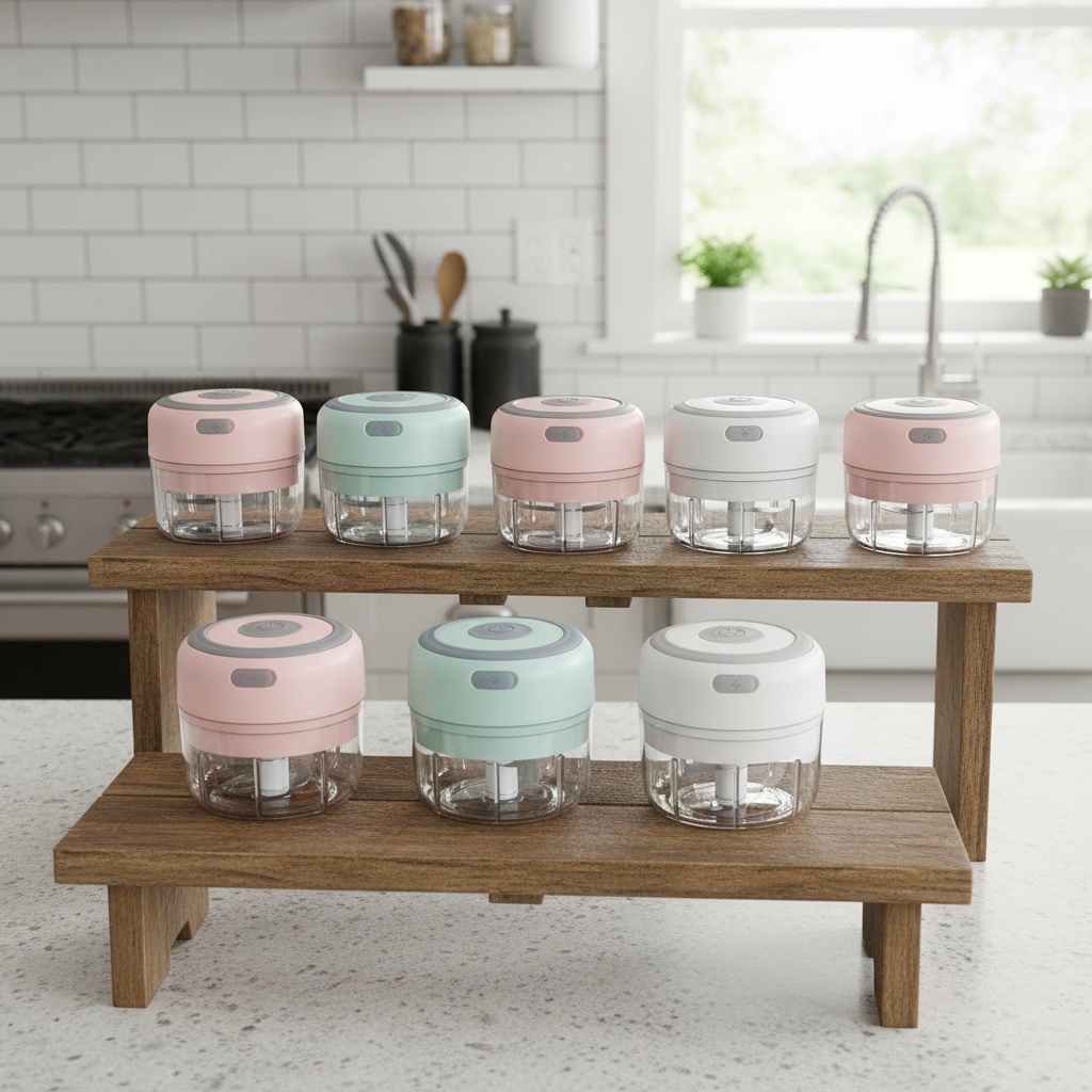 Set of pastel-colored kitchen chopper containers on a wooden shelf in a kitchen.