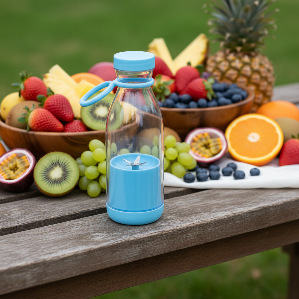 Glass bottle with blue accents on a wooden table surrounded by fruits