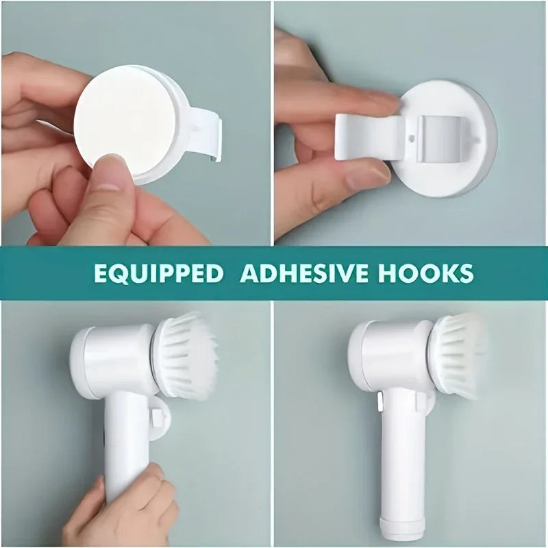 Adhesive wall hook holding an electric cleaning brush for practical home organization
