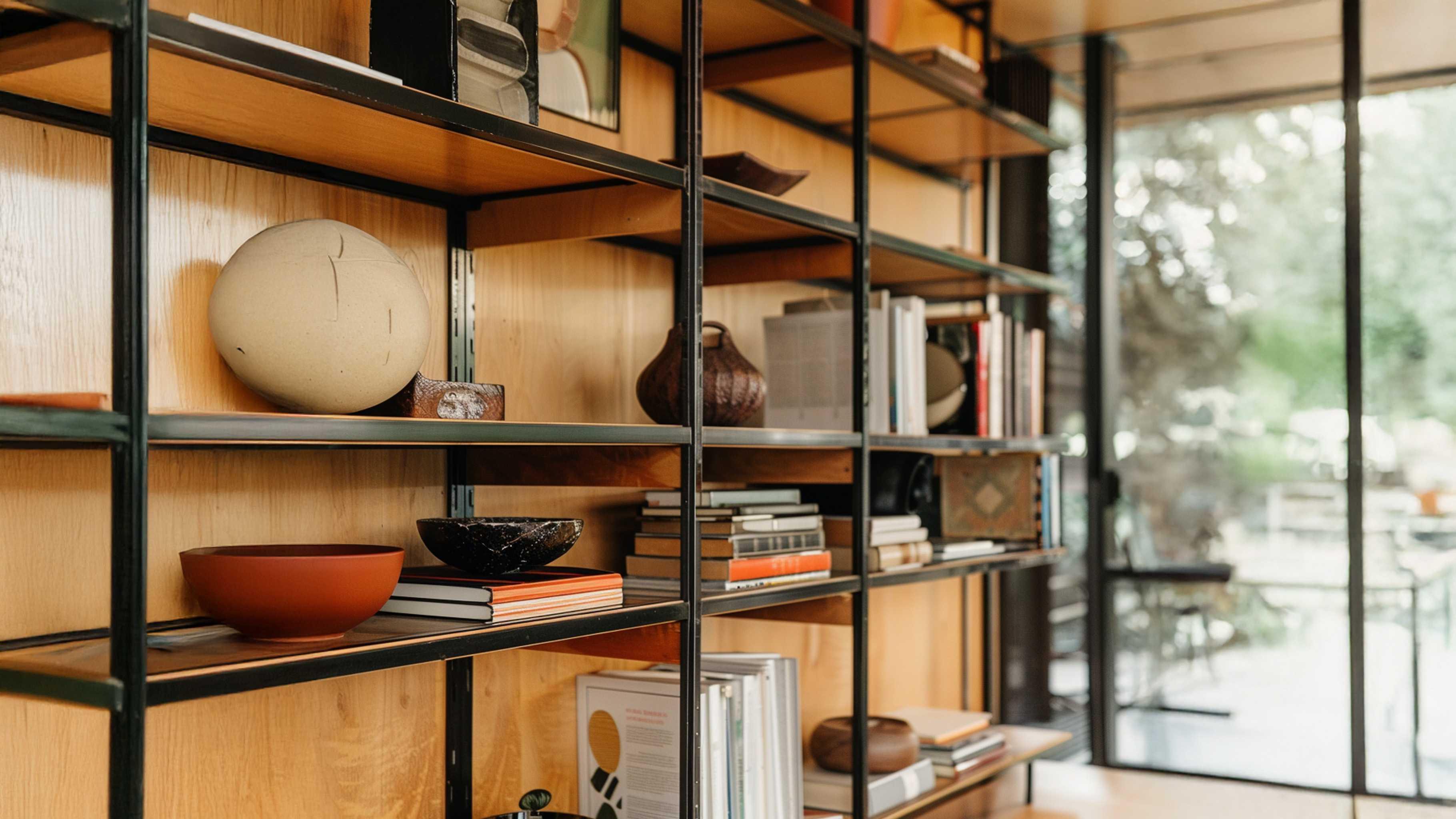 Minimalist home decor bookshelf with books, ceramic vases, and bowls in modern living room