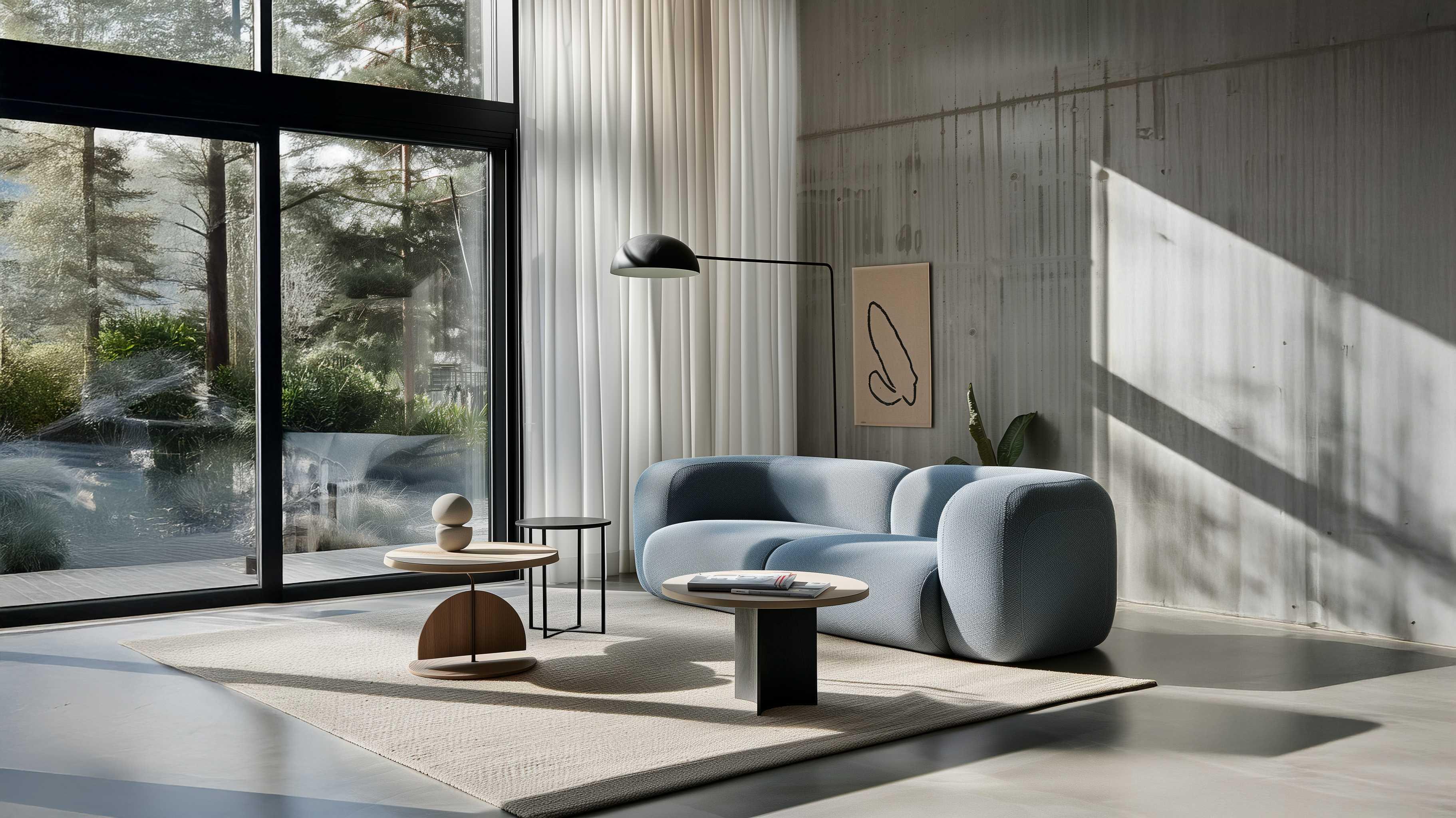 Minimalist living room with modern blue sofa, round coffee tables, and floor-to-ceiling window