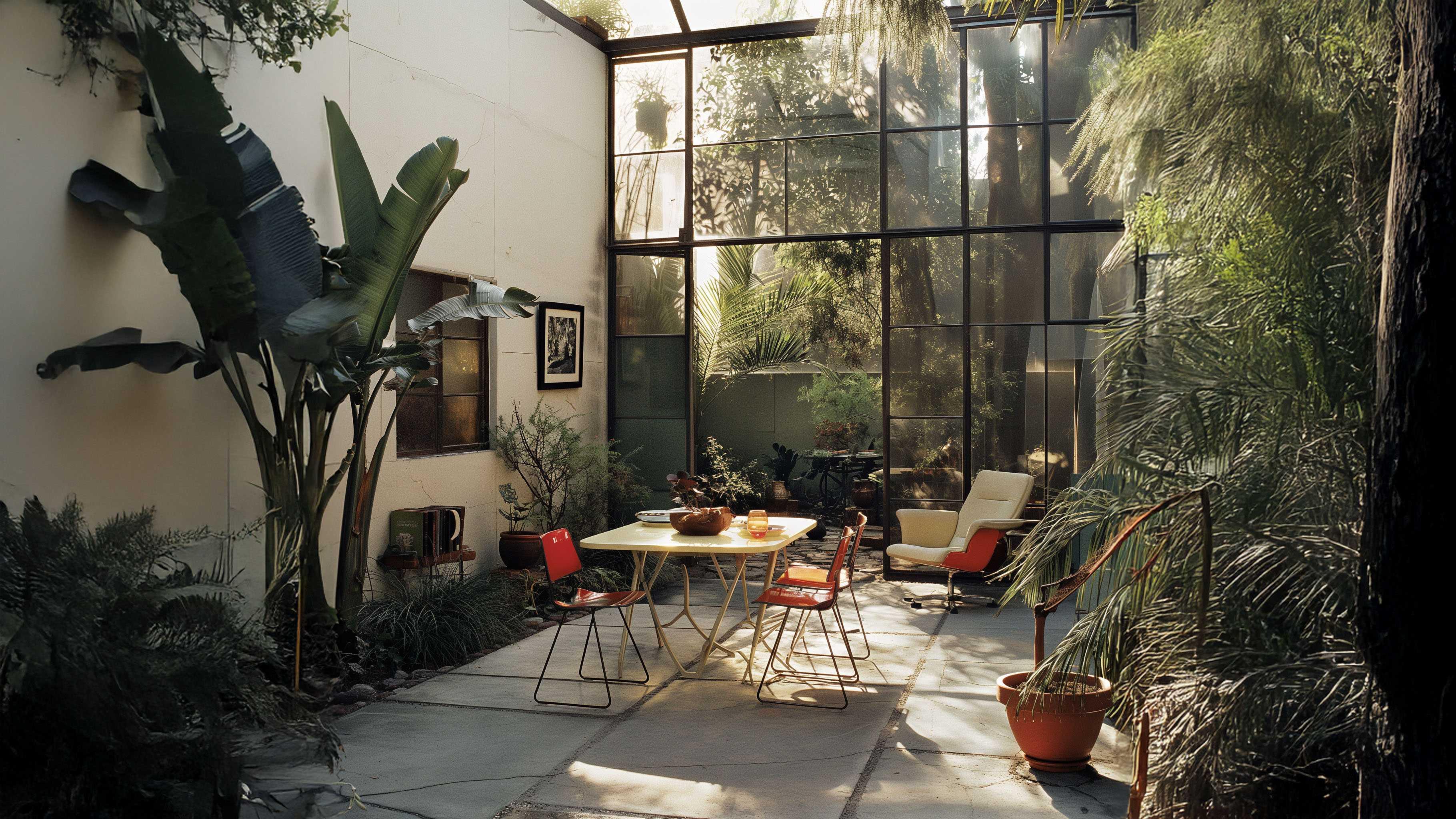 Minimalist indoor patio with glass walls, lush greenery, modern table and red chairs